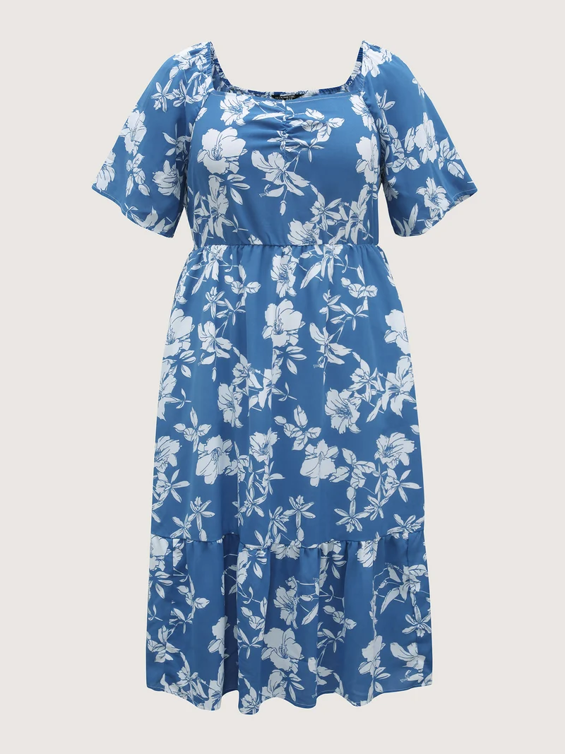 Silhouette Flower Stretchy Waist Pleated Midi Dress