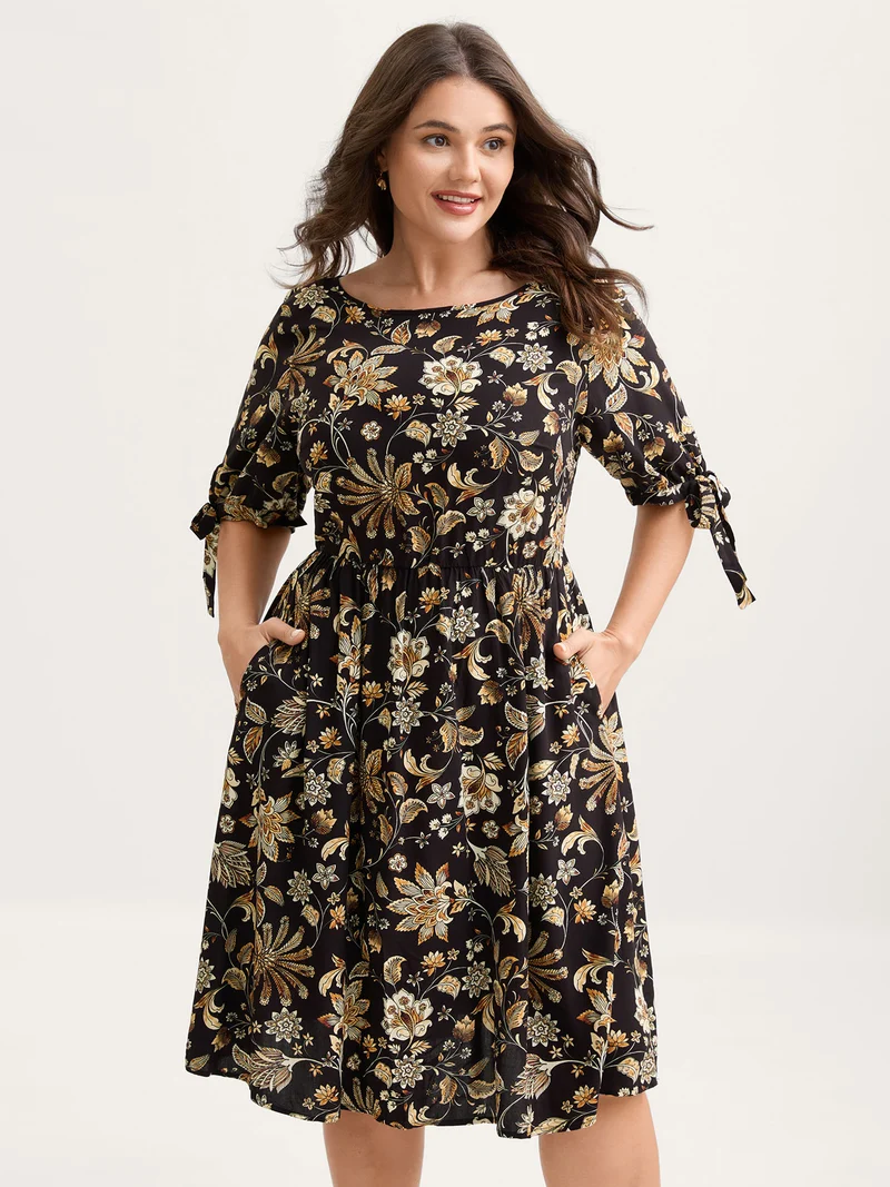Rayon Floral Sleeve-Tie Pockets Midi Dress