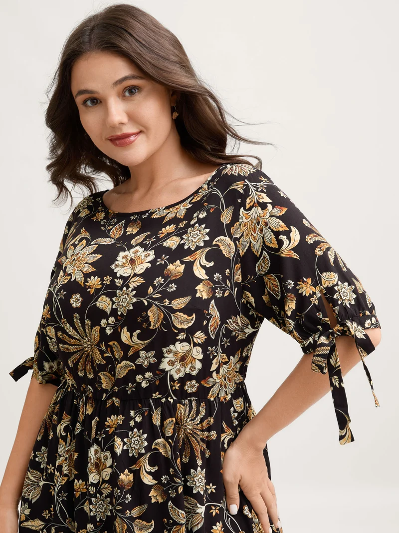 Rayon Floral Sleeve-Tie Pockets Midi Dress