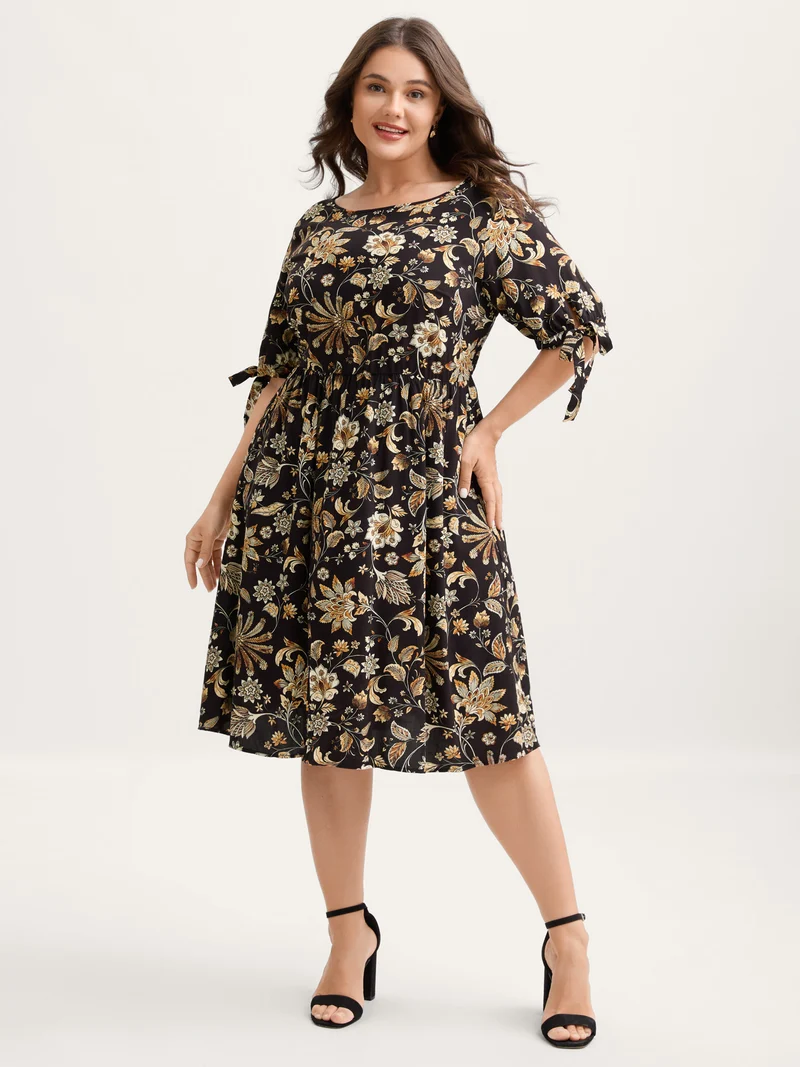 Rayon Floral Sleeve-Tie Pockets Midi Dress