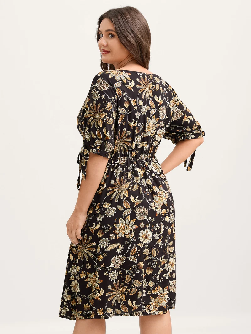 Rayon Floral Sleeve-Tie Pockets Midi Dress
