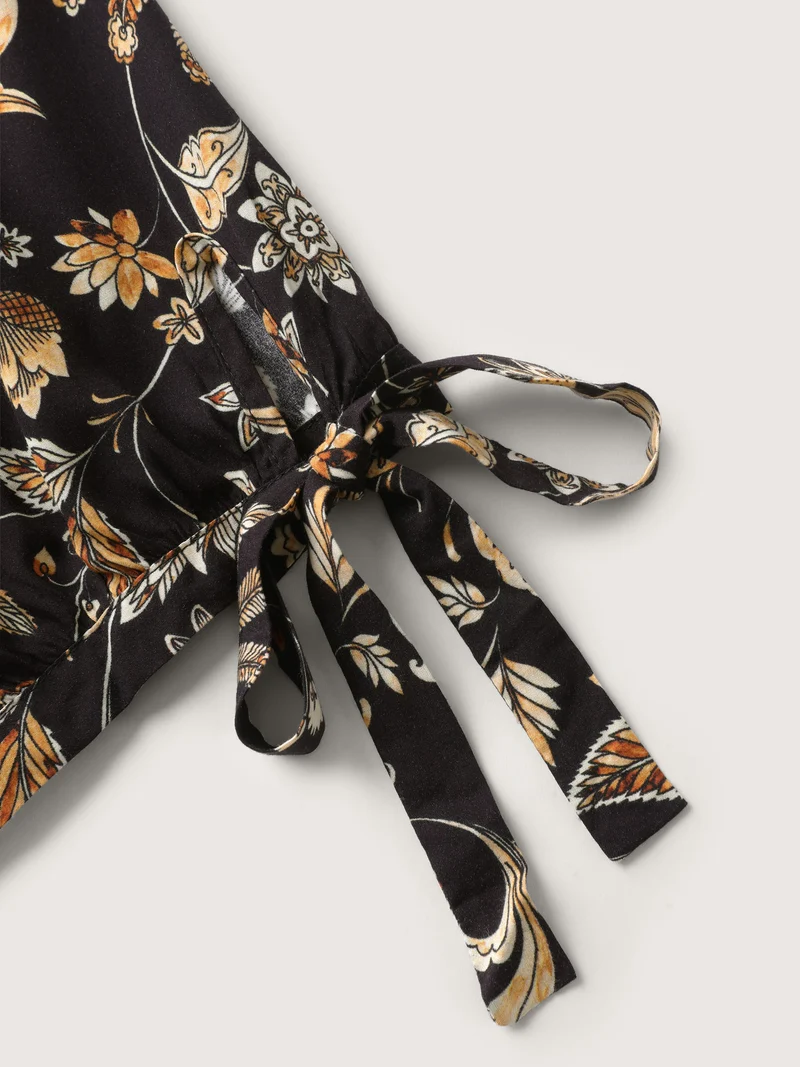 Rayon Floral Sleeve-Tie Pockets Midi Dress