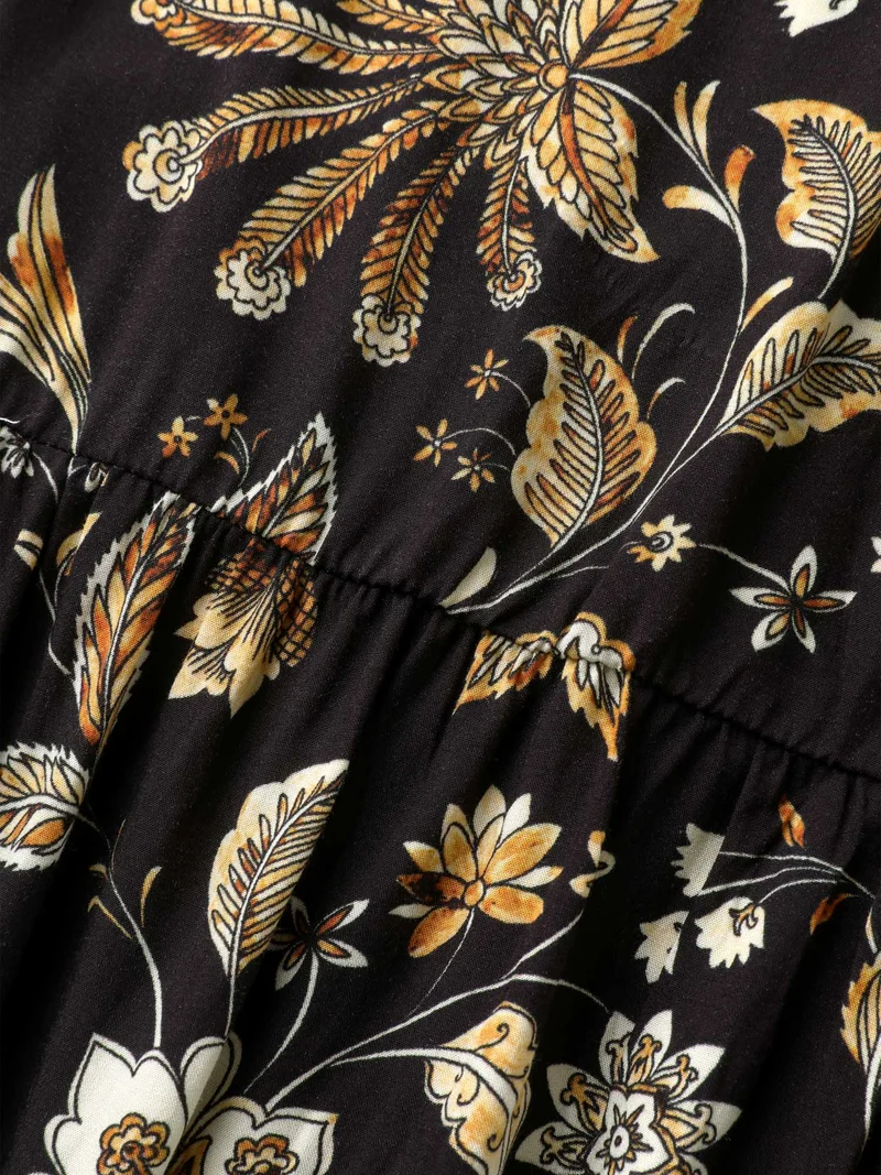 Rayon Floral Sleeve-Tie Pockets Midi Dress