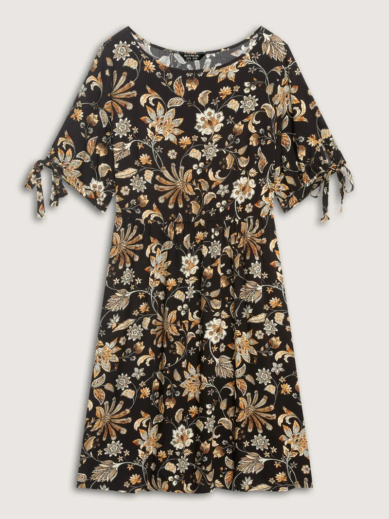 Rayon Floral Sleeve-Tie Pockets Midi Dress