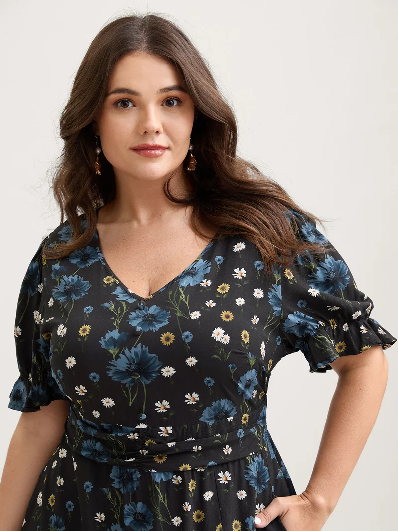 Branch Flower Print Split Pockets Midi Dress