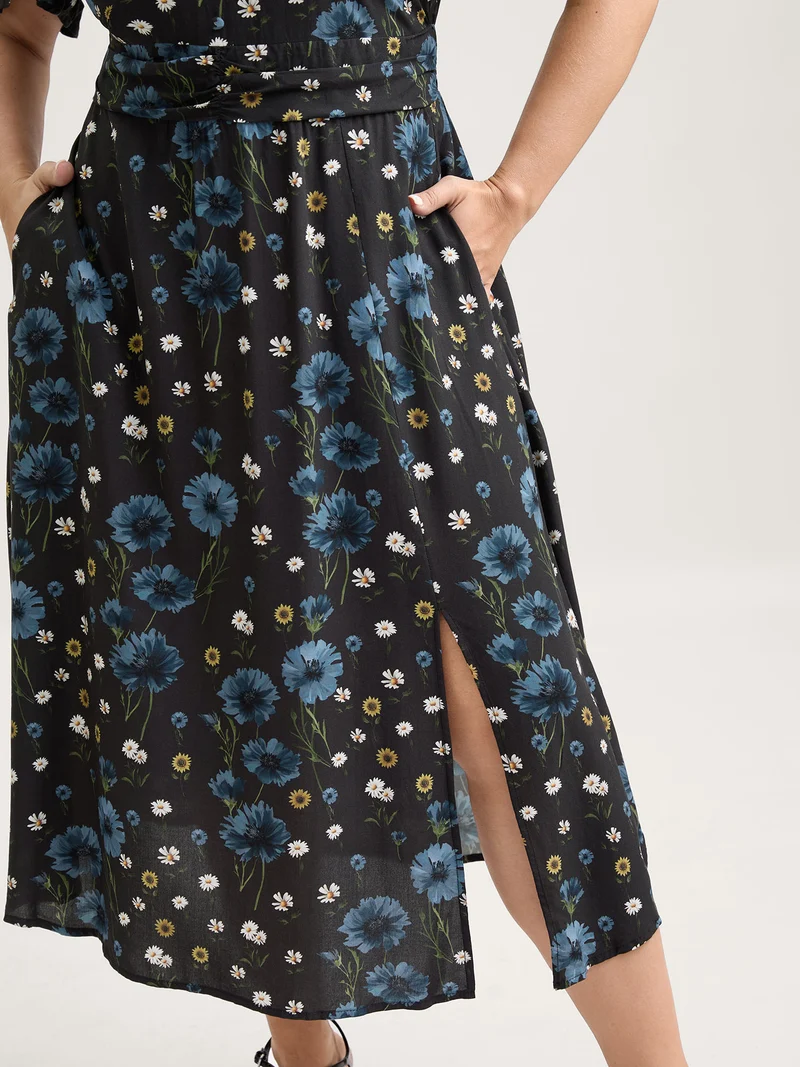 Branch Flower Print Split Pockets Midi Dress