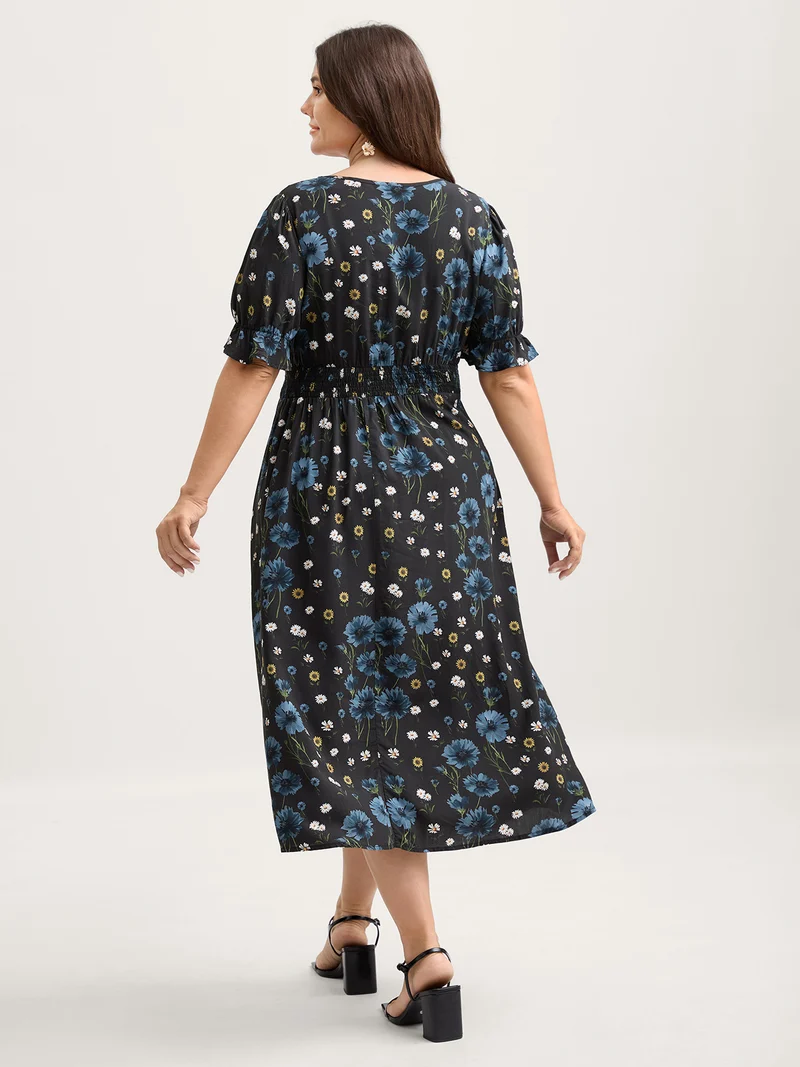 Branch Flower Print Split Pockets Midi Dress