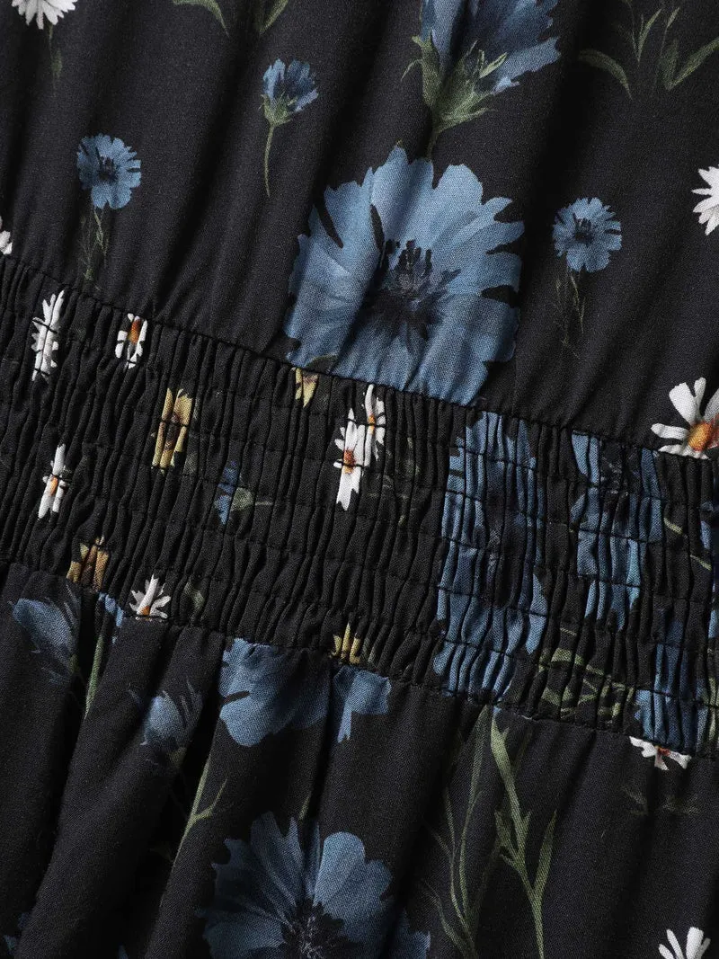Branch Flower Print Split Pockets Midi Dress