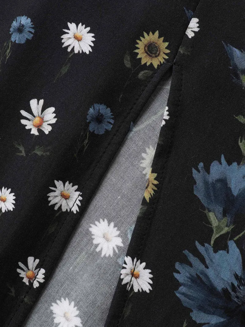 Branch Flower Print Split Pockets Midi Dress