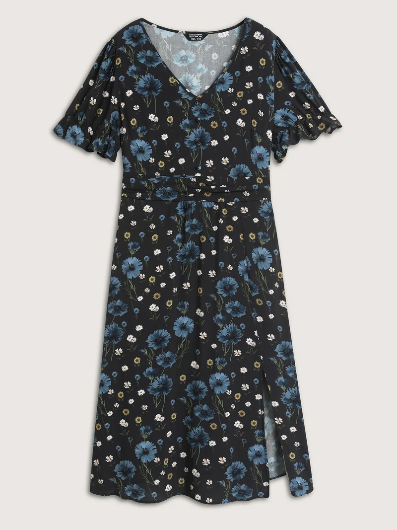 Branch Flower Print Split Pockets Midi Dress