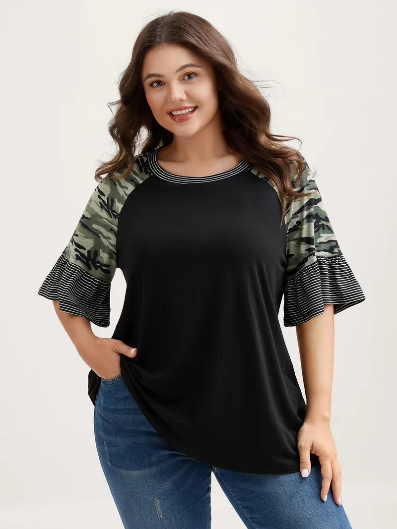 Supersof Camouflage Sleeve Contrast T-Shirt