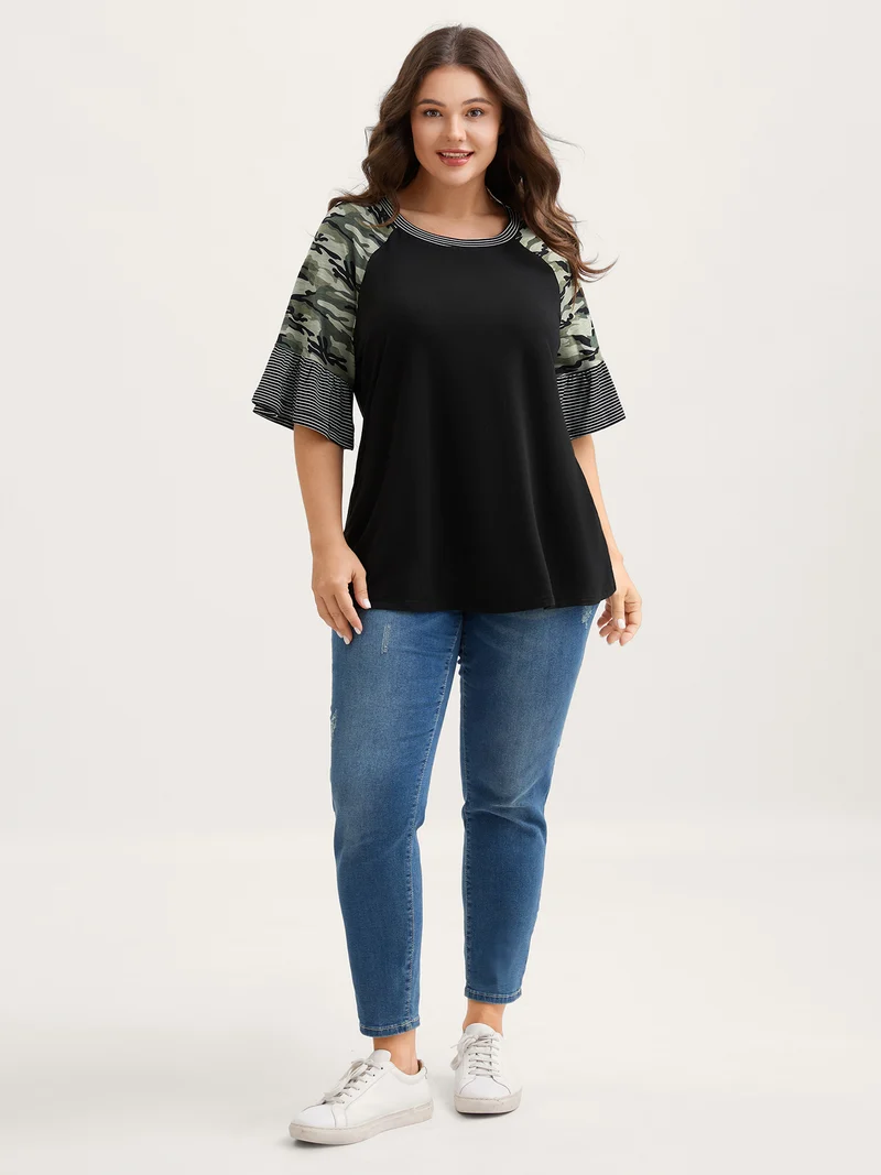 Supersof Camouflage Sleeve Contrast T-Shirt
