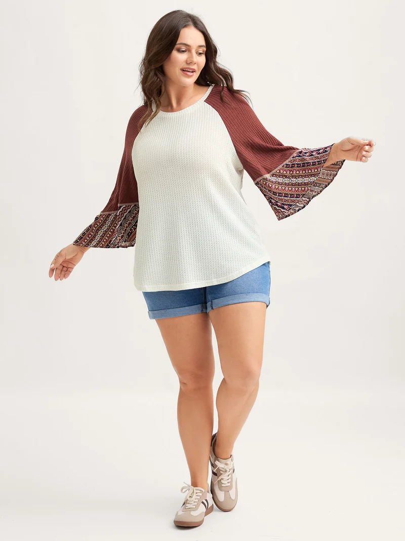Raglan Sleeve Patchwork Waffle T-Shirt