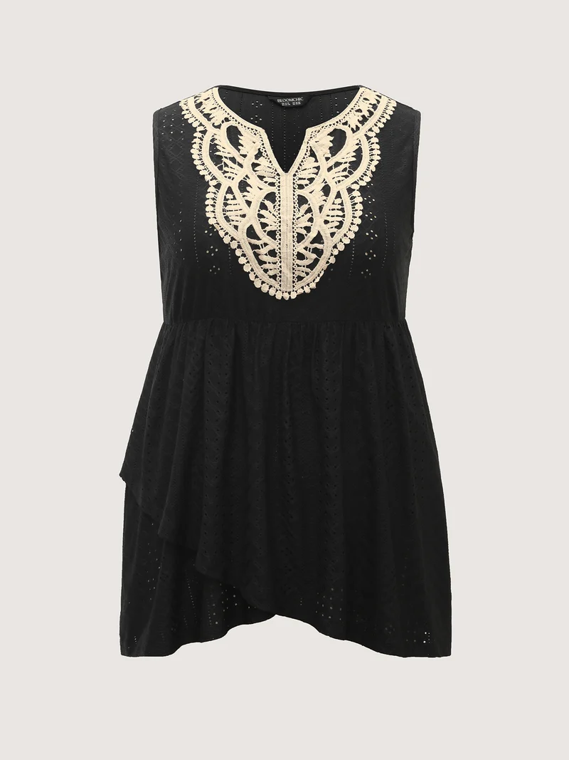 Textured Floral Lace Neck Long Tank Top