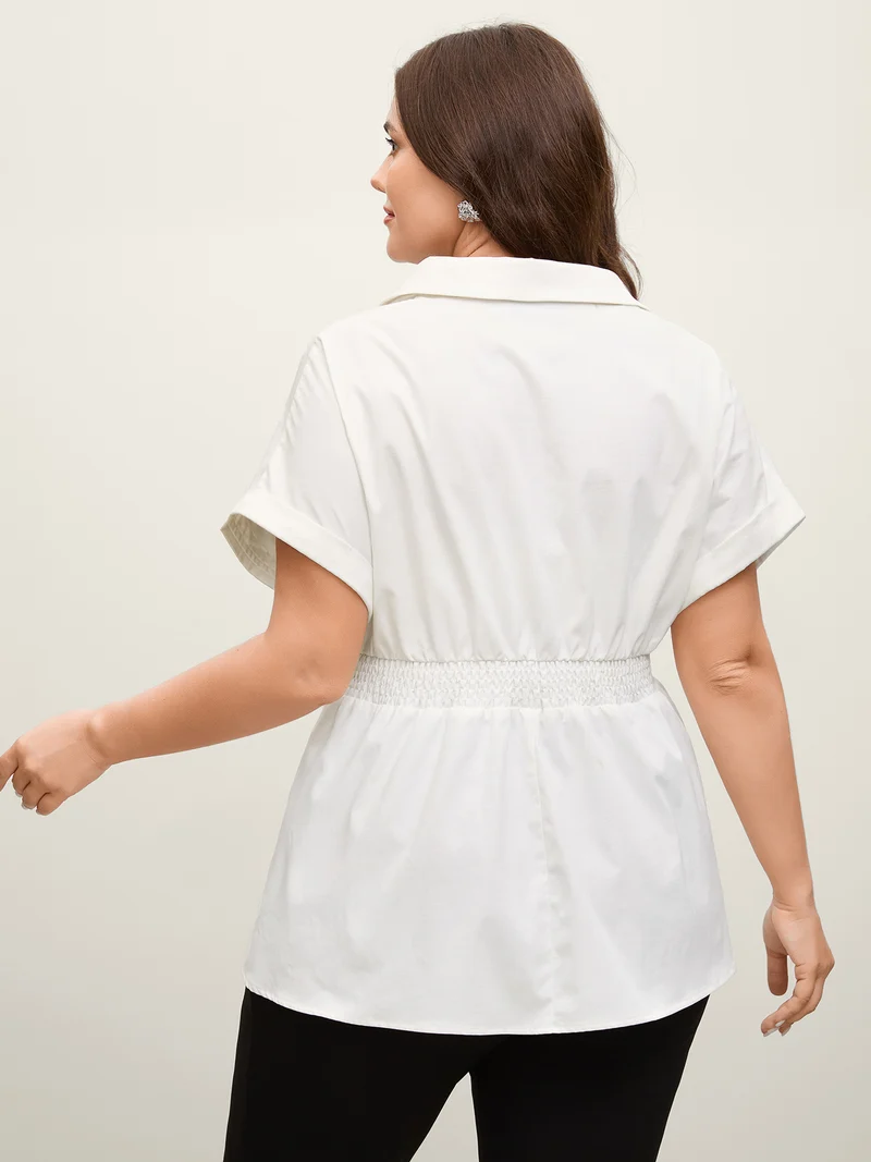 Double Belt Waist-Cinched Shirred Blouse