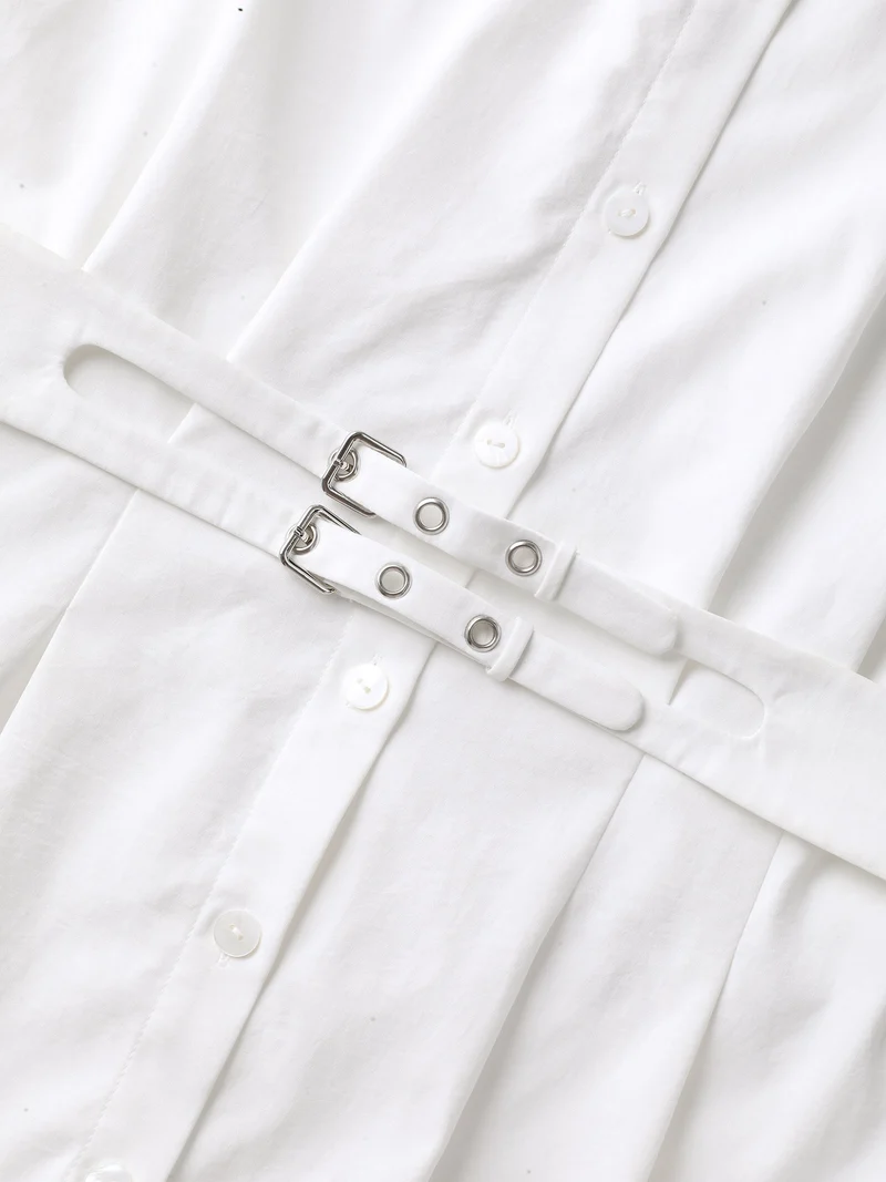 Double Belt Waist-Cinched Shirred Blouse