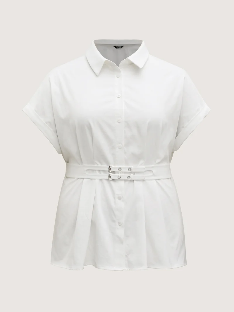 Double Belt Waist-Cinched Shirred Blouse