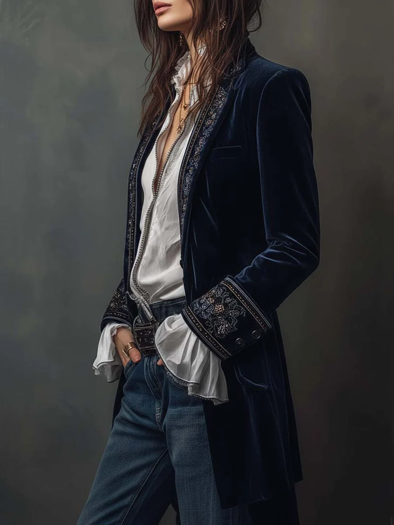 Marguerite | Navy Embroidered Longline Jacket