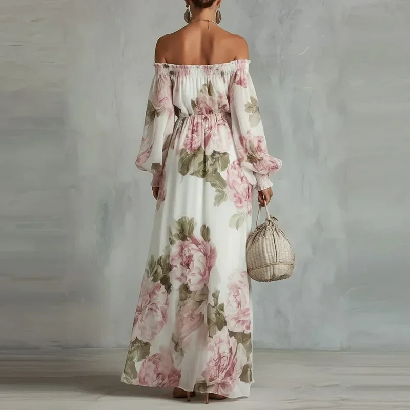 Payton | Peony Print Off-the-Shoulder Bishop-Sleeve Maxi Dress