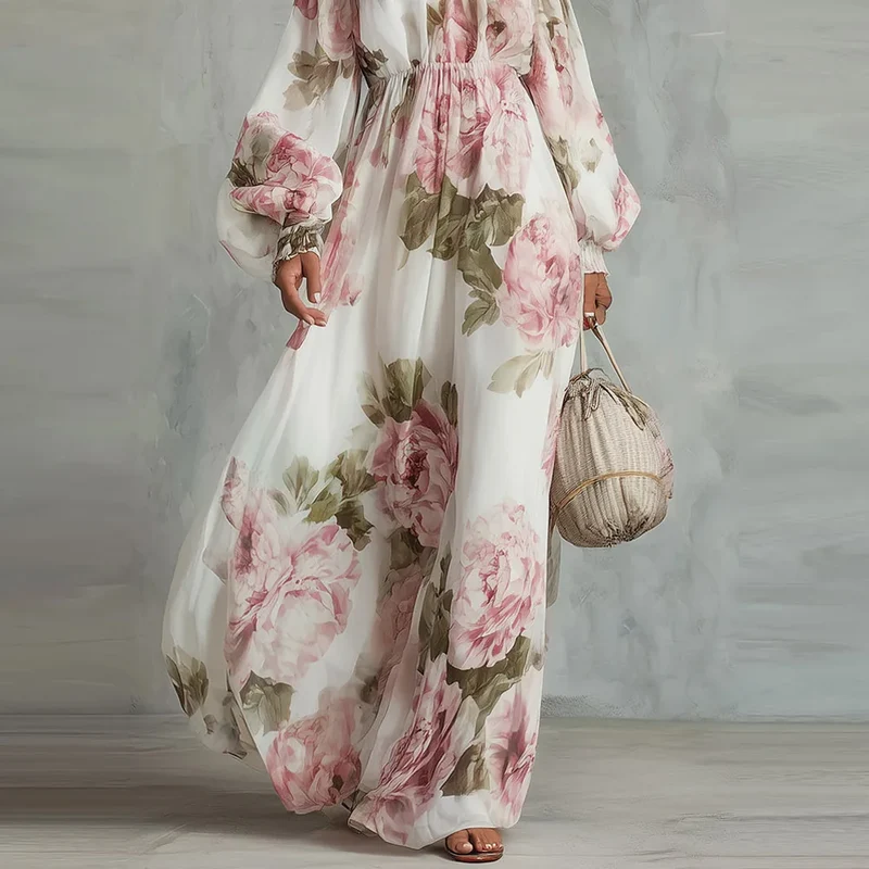 Payton | Peony Print Off-the-Shoulder Bishop-Sleeve Maxi Dress