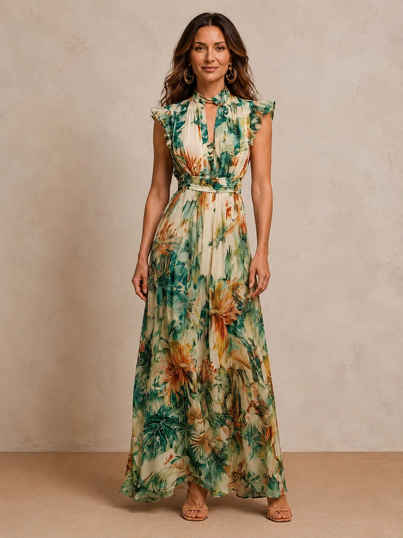 Grace | Tropical Botanical Mock-Neck Flutter-Sleeve Chiffon Maxi Dress