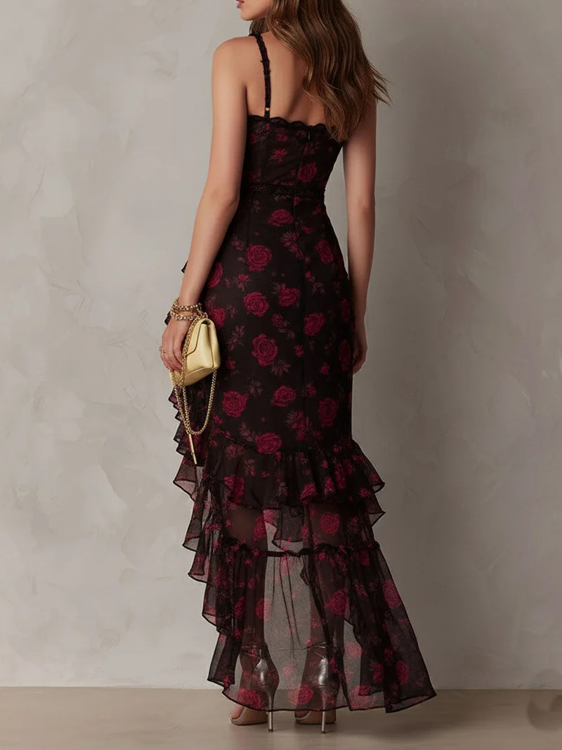 Lane | Rose Print Lace-Trim Ruffle High-Low Dress