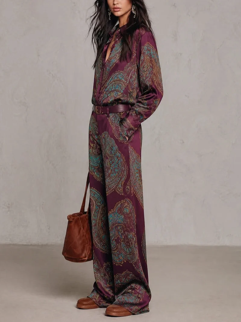 Victoria | Paisley Print Satin Long-Sleeve Shirt & Wide-Leg Trouser Set