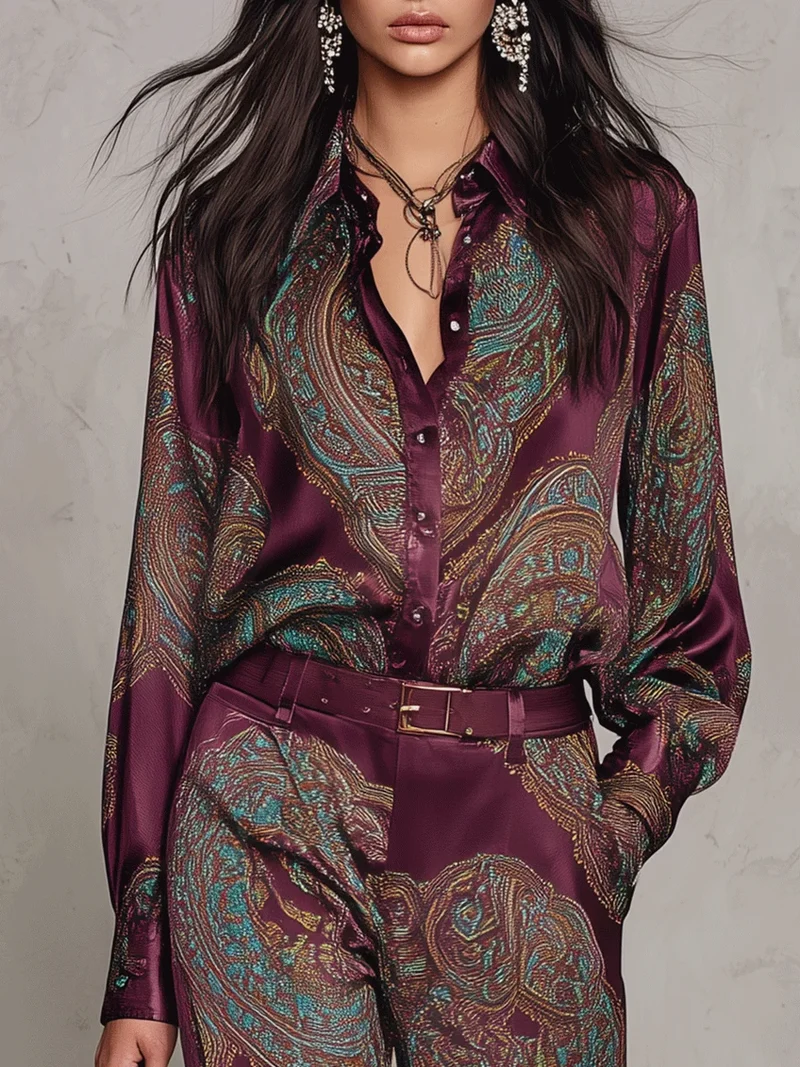 Victoria | Paisley Print Satin Long-Sleeve Shirt & Wide-Leg Trouser Set