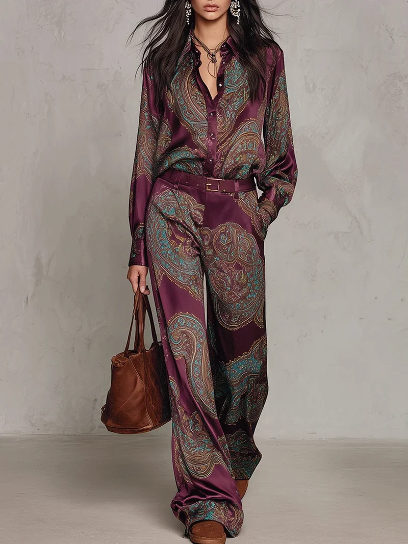 Victoria | Paisley Print Satin Long-Sleeve Shirt & Wide-Leg Trouser Set