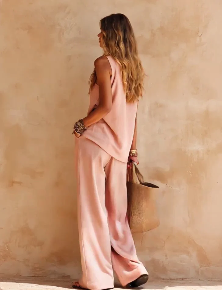 Zoey | One-Shoulder Halter Top & Wide-Leg Trouser Set