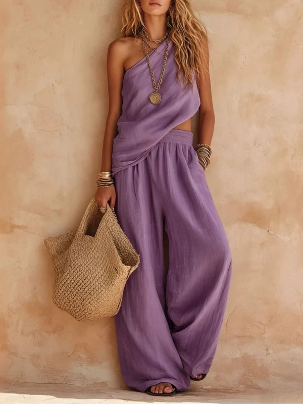 Zoey | One-Shoulder Halter Top & Wide-Leg Trouser Set