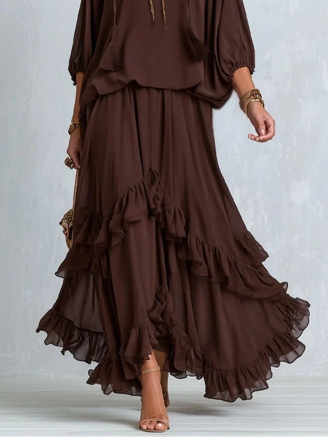 Marlowe | Ruffle-Tiered Maxi Skirt & Tassel-Tie Blouson Top Set