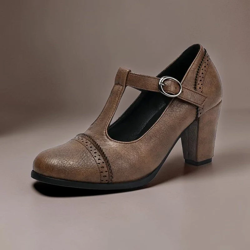 Wilhelmina | T-Strap Brogue Heels with Punched Detailing