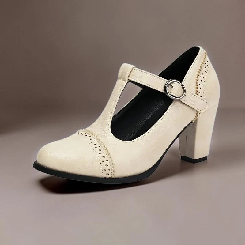 Wilhelmina | T-Strap Brogue Heels with Punched Detailing