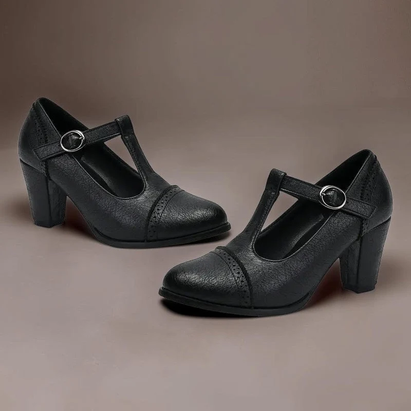 Wilhelmina | T-Strap Brogue Heels with Punched Detailing