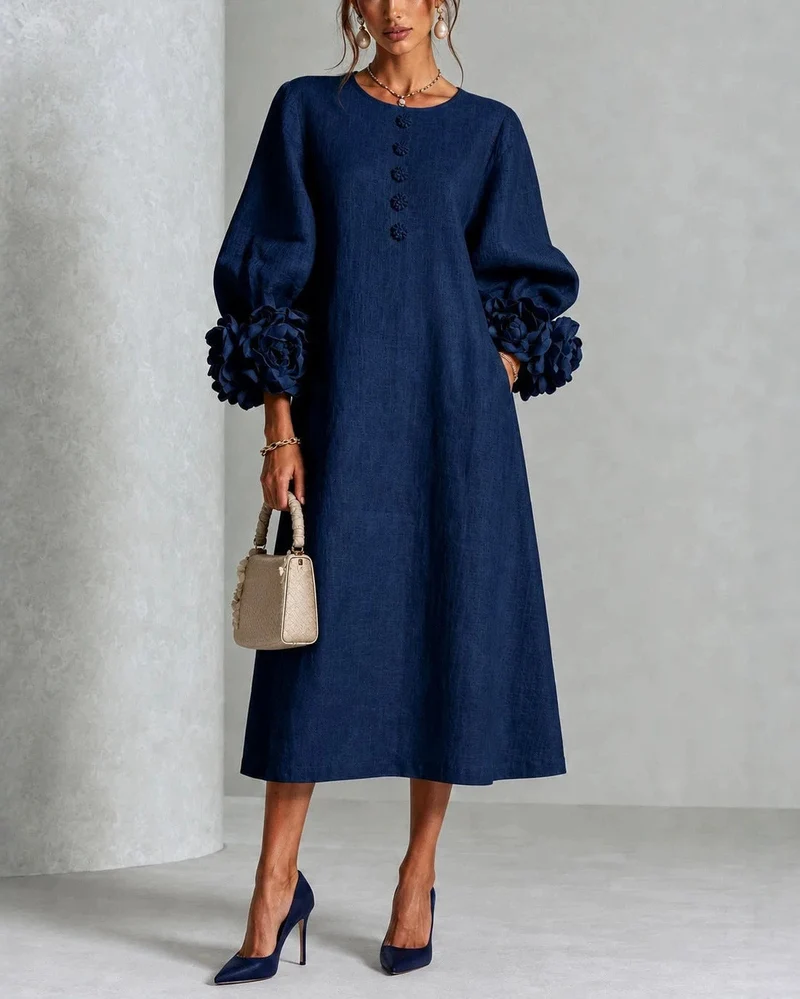 Diane | Floral Midi Dress with Rose-Cuff Sleeves