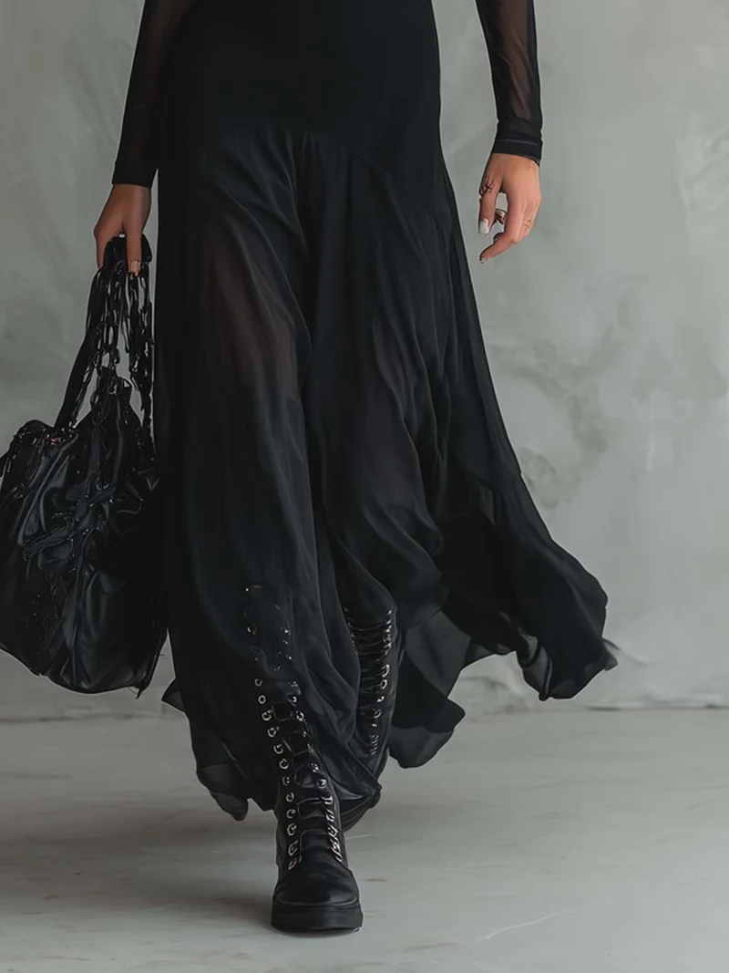 Neroa | Robe Maxi Loose-fit en Tulle Noir