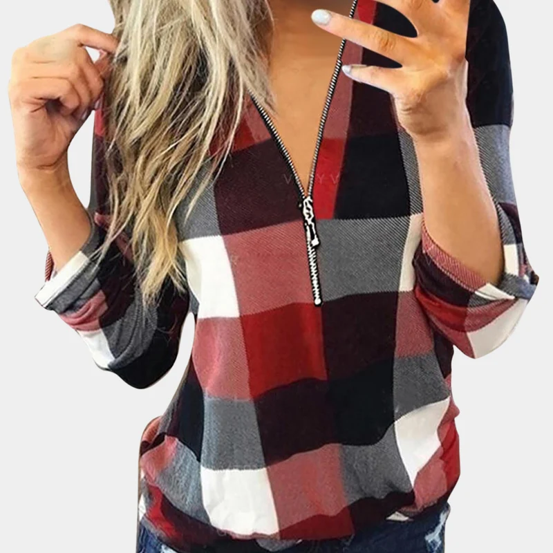 VANIA - Blouse à Manches Longues à Carreaux pour Femme