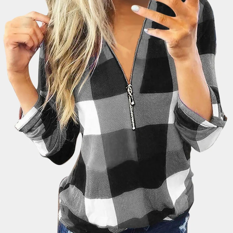 VANIA - Blouse à Manches Longues à Carreaux pour Femme