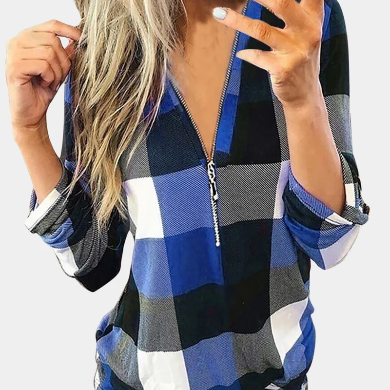 VANIA - Blouse à Manches Longues à Carreaux pour Femme