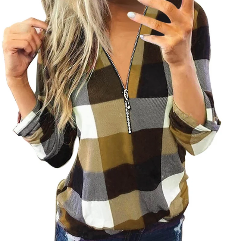 VANIA - Blouse à Manches Longues à Carreaux pour Femme