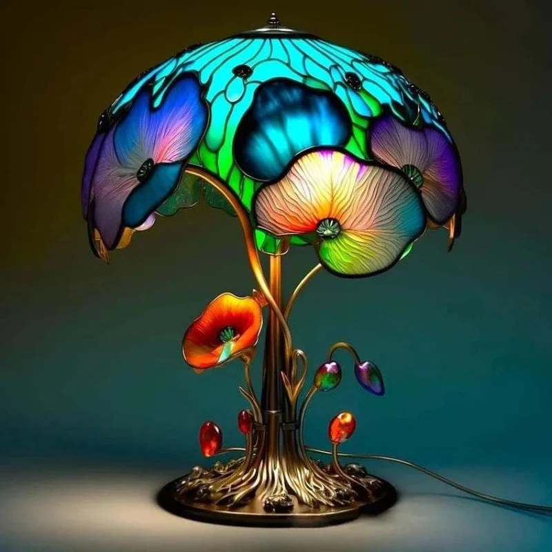 Lampe en verre coloré avec motifs floraux