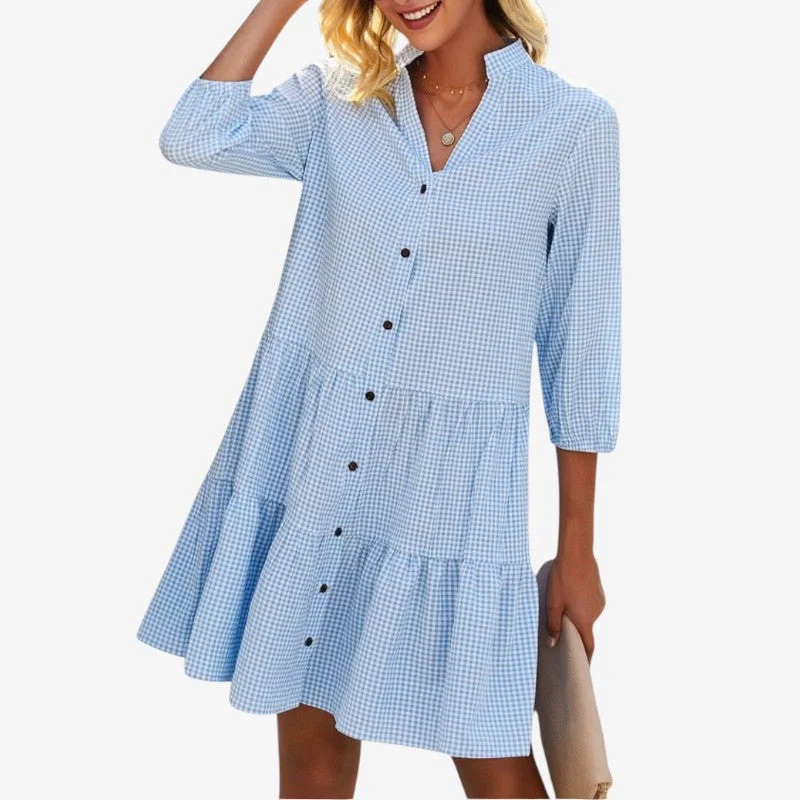 Robe chemise courte vichy bleue pour femme