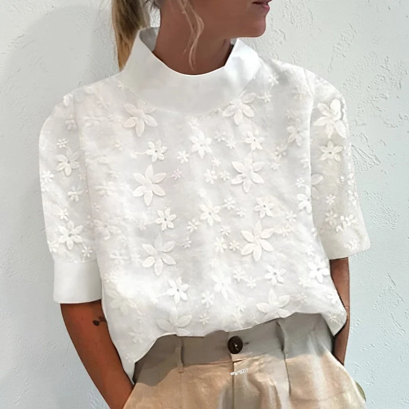 Chemisier Femme Blanc Col Montant Fleuri