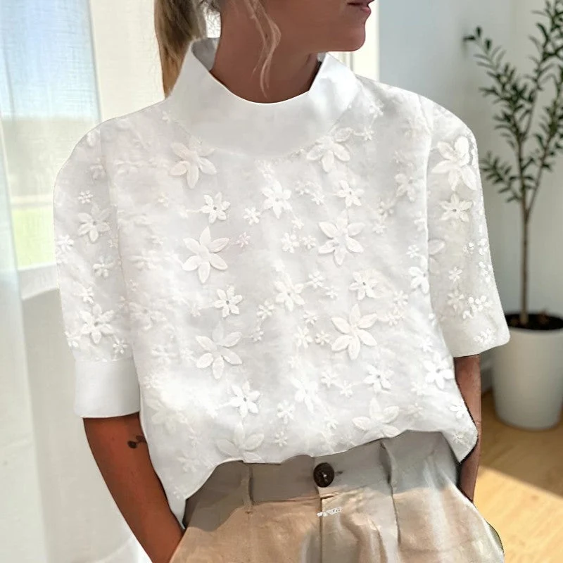 Chemisier Femme Blanc Col Montant Fleuri
