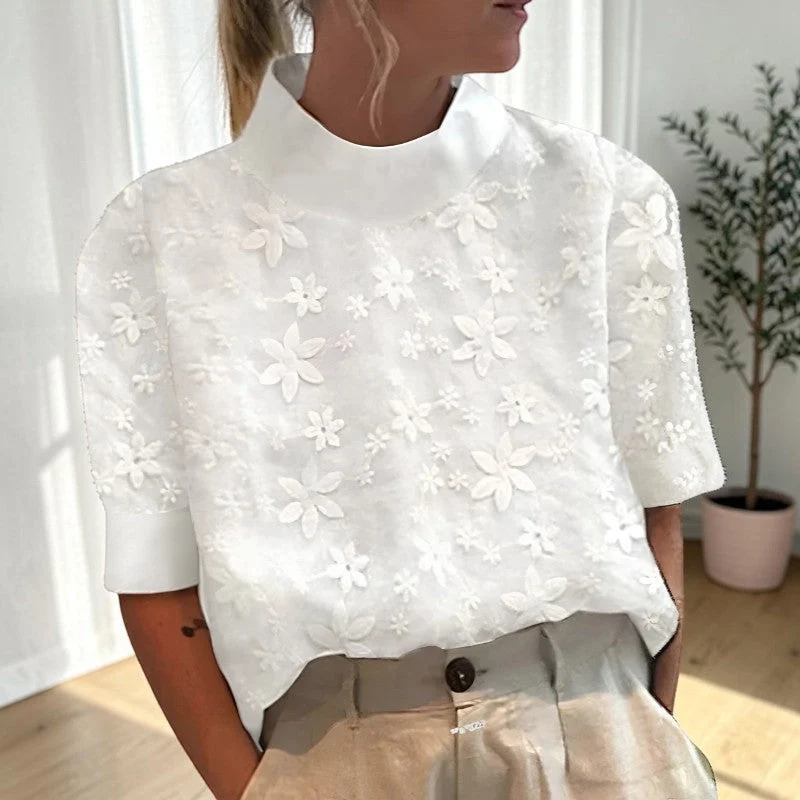 Chemisier Femme Blanc Col Montant Fleuri