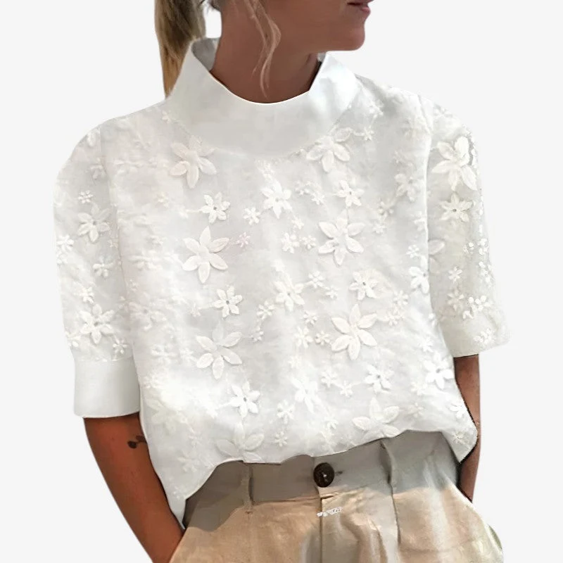 Chemisier Femme Blanc Col Montant Fleuri