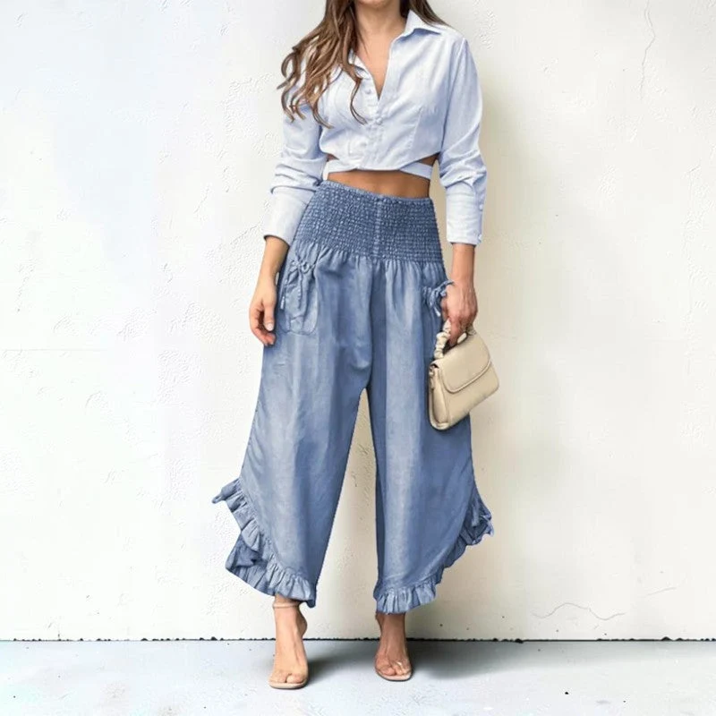 Pantalon Femme Jambes Larges avec Volants