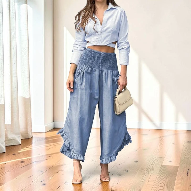 Pantalon Femme Jambes Larges avec Volants