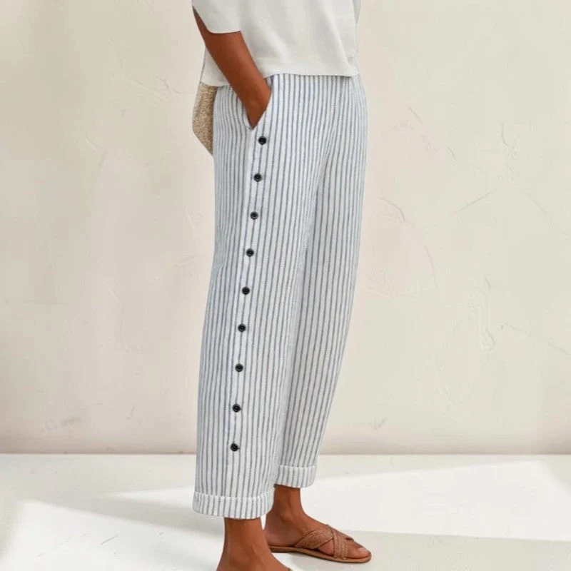 Pantalon Femme Décontracté Rayé avec Boutons
